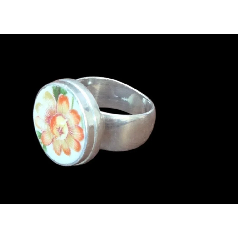 Women's Size 7 Baroque Handpainted Ceramic Flower Sterling 925 Vintage Wide Ring